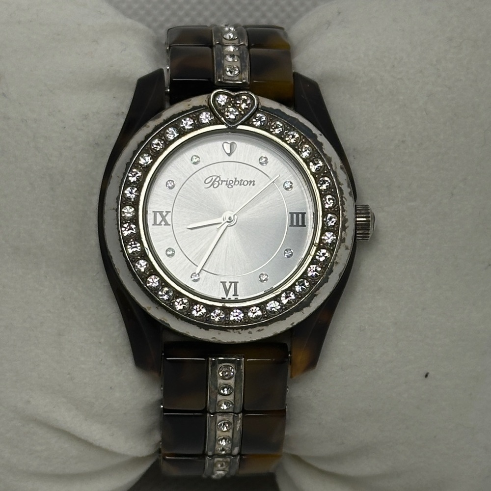 Brighton Women's Silver and Brown Tortoise Link Heart Watch w/ Rhinestones 2.75”